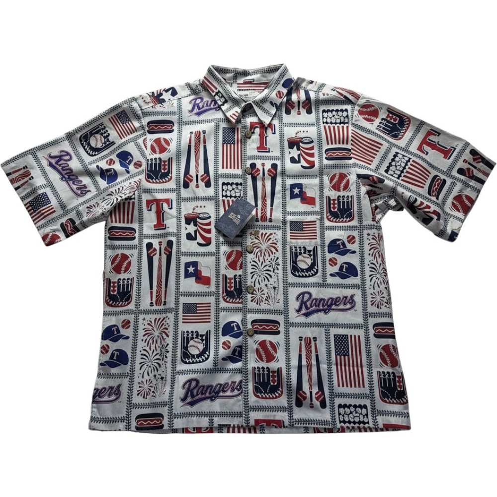 Reyn Spooner Button Down Mens L White Texas‎ Rangers MLB Baseball Hawaii Shirt